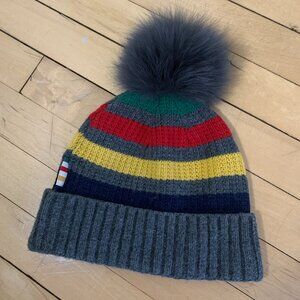 HBC Hudson Bay Company Grey Multicolour Stripe Fur Pom Pom Winter Toque